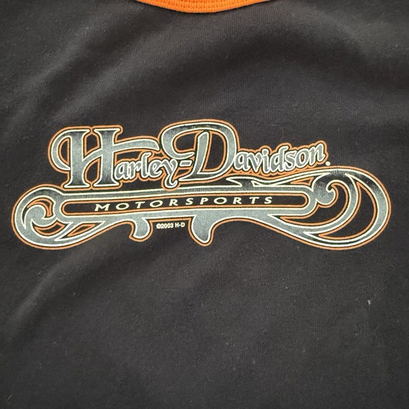 Harley Davidson Y2K Women's Shirt Large 2003 Short Sleeve Cropped Black & Orange - Picture 7 of 7